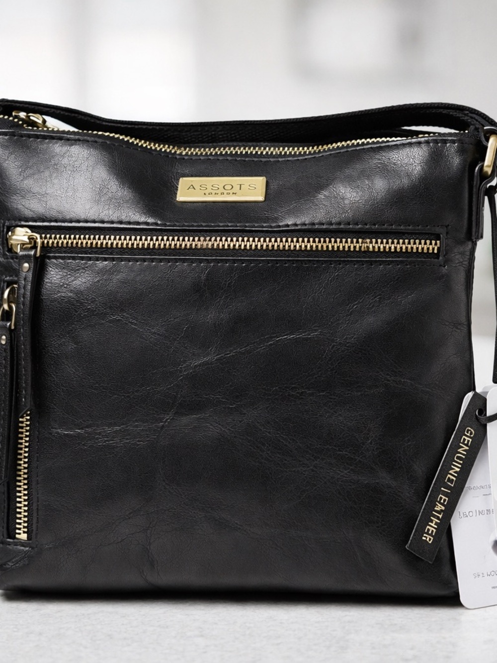 ASSOTS London Leather Crossbody Bag Black RFID Multi Zip New